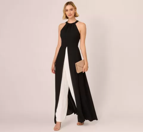 Adrianna Papell Halter Crepe Overlay Jumpsuit In Black Ivory BLACK-IVORY Fashion