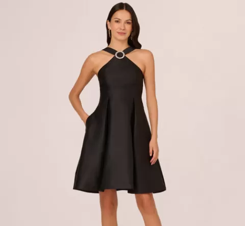 Adrianna Papell Halter Mikado Dress With Jeweled Ring Accent In BLACK Outlet