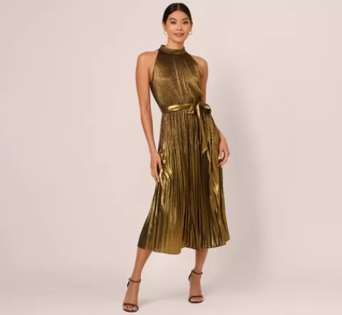 Adrianna Papell Halter Pleated Metallic Dress In GOLD New
