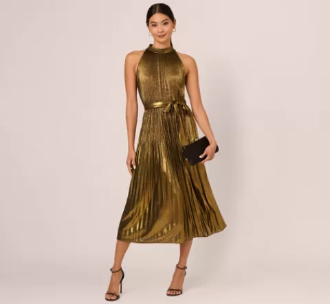 Adrianna Papell Halter Pleated Metallic Dress In GOLD New