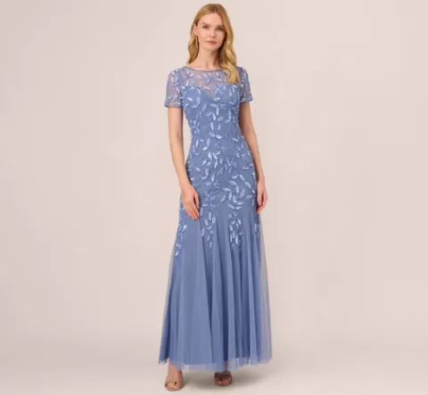 Adrianna Papell Hand Beaded Short Sleeve Floral Godet Gown In French Blue FRENCHBLUE Best Sale
