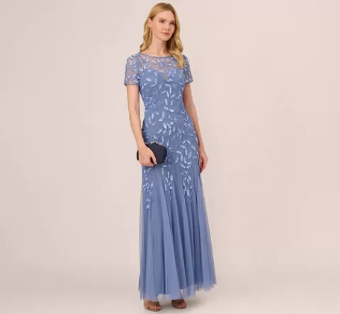Adrianna Papell Hand Beaded Short Sleeve Floral Godet Gown In French Blue FRENCHBLUE Best Sale