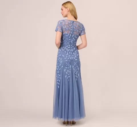 Adrianna Papell Hand Beaded Short Sleeve Floral Godet Gown In French Blue FRENCHBLUE Best Sale