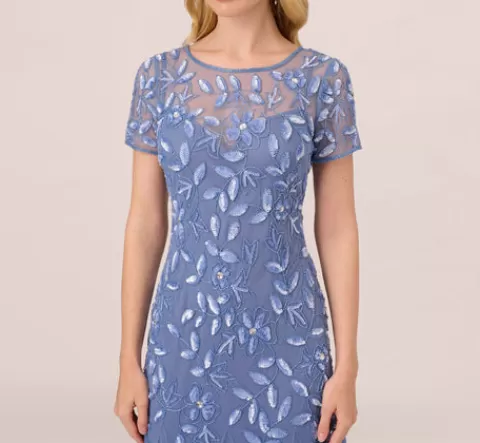 Adrianna Papell Hand Beaded Short Sleeve Floral Godet Gown In French Blue FRENCHBLUE Best Sale