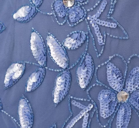 Adrianna Papell Hand Beaded Short Sleeve Floral Godet Gown In French Blue FRENCHBLUE Best Sale
