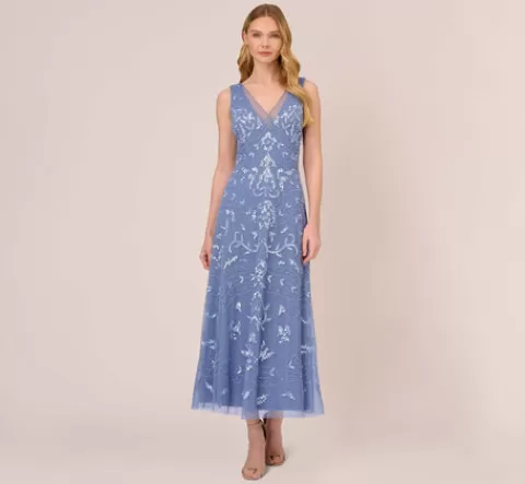 Adrianna Papell Hand-Beaded Ankle-Length Dress In French Blue FRENCHBLUE Shop