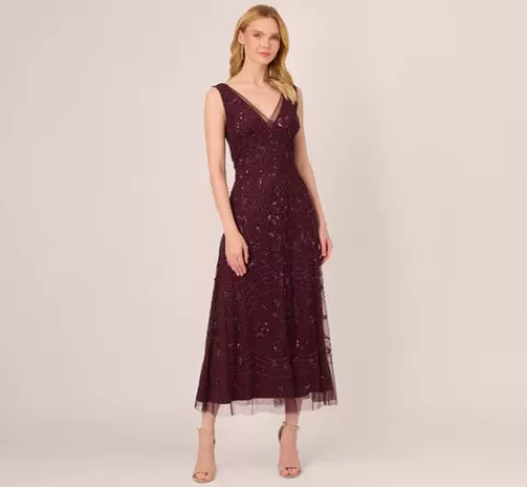 Adrianna Papell Hand-Beaded Ankle-Length Dress In Night Plum NIGHTPLUM Cheap