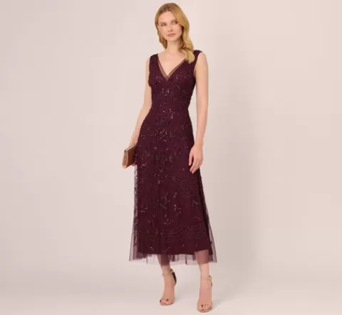 Adrianna Papell Hand-Beaded Ankle-Length Dress In Night Plum NIGHTPLUM Cheap
