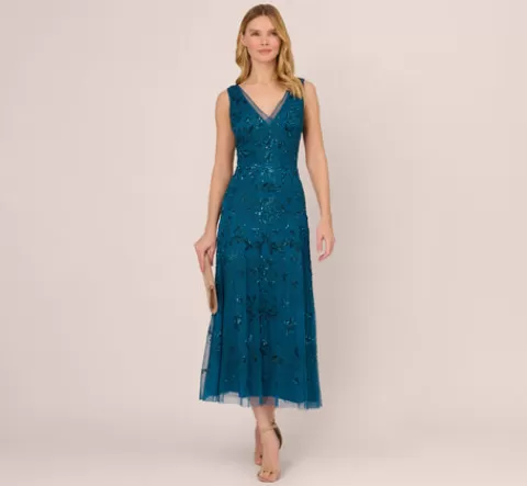Adrianna Papell Hand-Beaded Ankle-Length Dress In Teal Sapphire TEALSAPPHIRE Hot