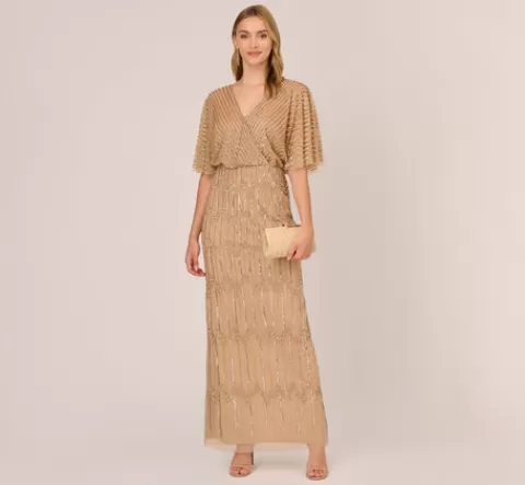 Adrianna Papell Hand-Beaded Illusion Long Column Blouson Gown In Champagne Gold CHAMPAGNEGOLD Cheap