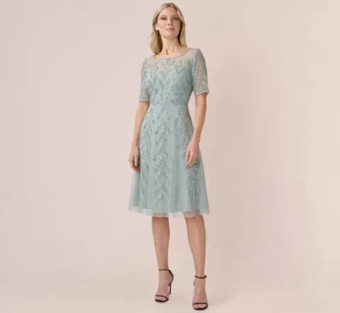 Adrianna Papell Hand-Beaded Illusion Midi-Length Fit-And-Flare Cocktail Dress In Frosted Sage FROSTEDSAGE Best