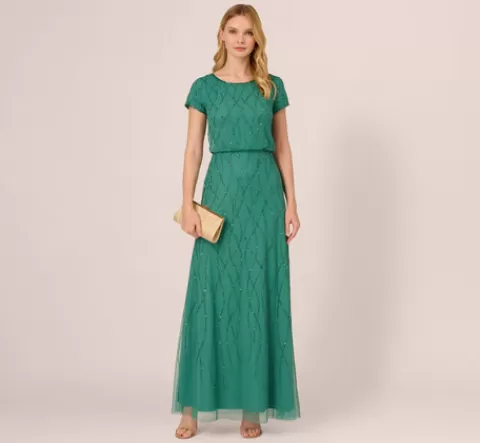 Adrianna Papell Hand-Beaded Long Dress In Jungle Green JUNGLEGREEN Fashion
