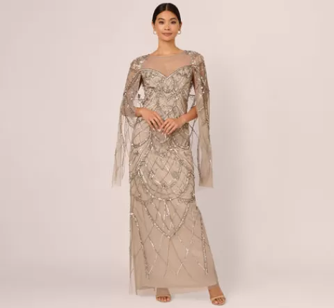 Adrianna Papell Illusion Beaded Cape Dress In PLATINUM Outlet