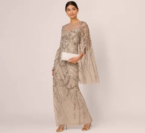 Adrianna Papell Illusion Beaded Cape Dress In PLATINUM Outlet