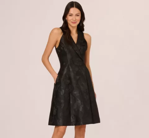 Adrianna Papell Jacquard Tuxedo Midi Dress With Surplice Neckline In BLACK Clearance