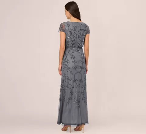Adrianna Papell Jasmine Beaded Blouson Gown With Sheer Short Sleeves In Dusty Blue DUSTYBLUE Best