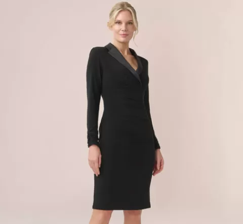 Adrianna Papell Jersey And Satin Short Sheath Tuxedo Dress In BLACK Fashion