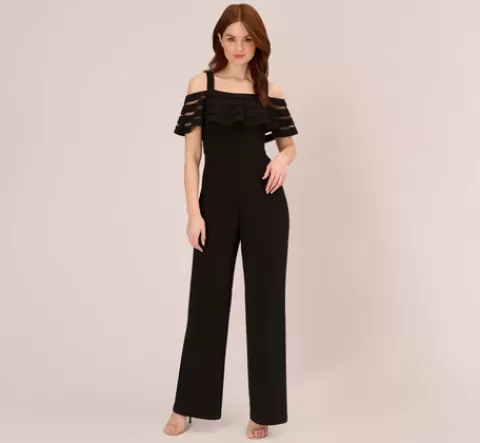 Adrianna Papell Jersey Banded Ruffled Jumpsuit With Cold Shoulder In BLACK Cheap