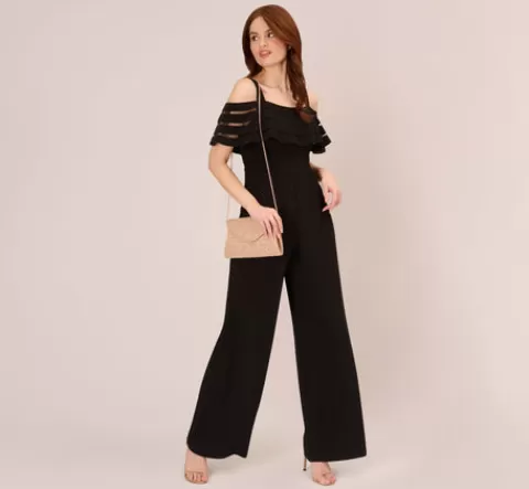 Adrianna Papell Jersey Banded Ruffled Jumpsuit With Cold Shoulder In BLACK Cheap