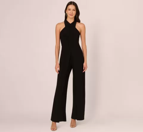 Adrianna Papell Jersey Halter Jumpsuit With Overlay Details In BLACK Outlet