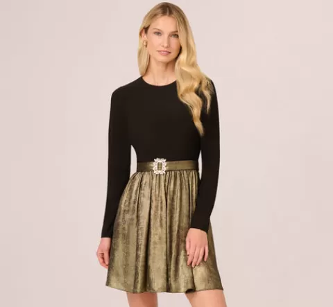 Adrianna Papell Jersey Metallic Combo Short Dress In Black Gold BLACK-GOLD Shop