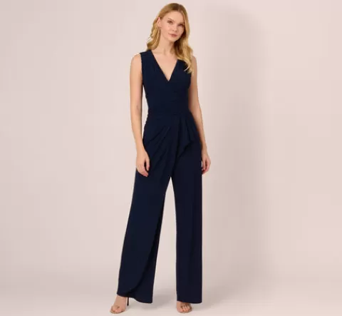 Adrianna Papell Jersey Sleeveless Pintuck Jumpsuit With Wide Legs In MIDNIGHT Sale