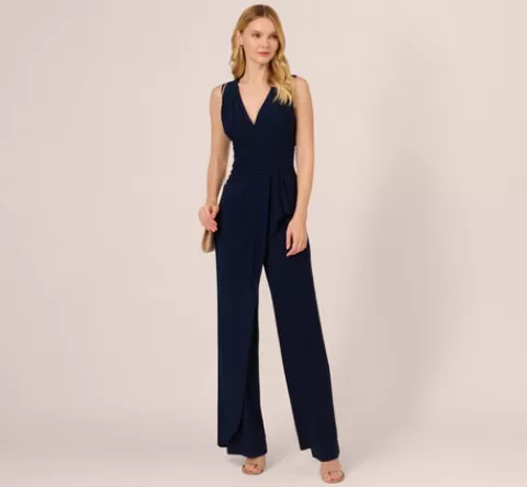 Adrianna Papell Jersey Sleeveless Pintuck Jumpsuit With Wide Legs In MIDNIGHT Sale