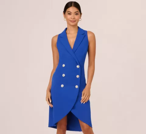 Adrianna Papell Jewel Button Tuxedo Short Dress In Deep Sapphire DEEPSAPPHIRE Clearance