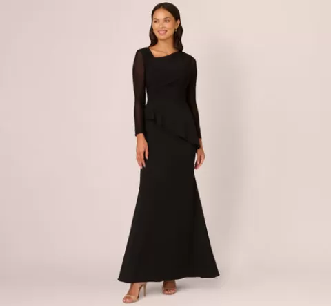 Adrianna Papell Knit Crepe Combo Mesh Gown In BLACK Fashion