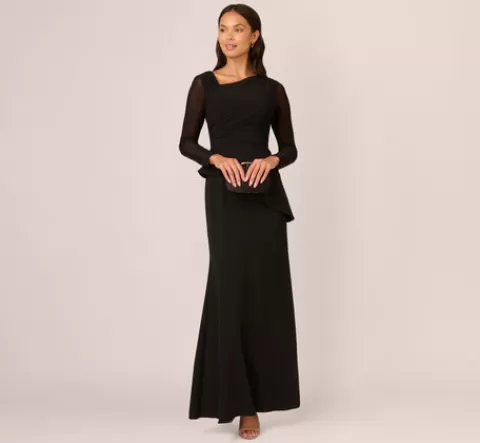 Adrianna Papell Knit Crepe Combo Mesh Gown In BLACK Fashion