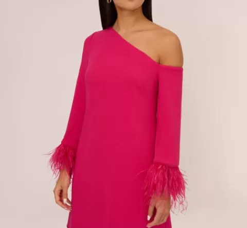 Adrianna Papell Knit Crepe One Shoulder Long Sleeve Dress With Feather Accents In Bright Rose BRIGHTROSE Best Sale