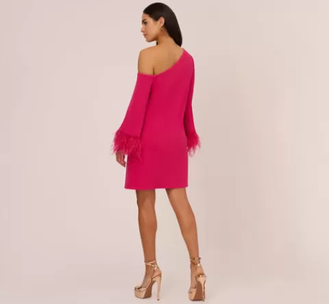 Adrianna Papell Knit Crepe One Shoulder Long Sleeve Dress With Feather Accents In Bright Rose BRIGHTROSE Best Sale