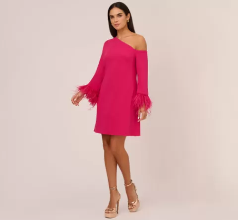 Adrianna Papell Knit Crepe One Shoulder Long Sleeve Dress With Feather Accents In Bright Rose BRIGHTROSE Best Sale