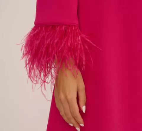 Adrianna Papell Knit Crepe One Shoulder Long Sleeve Dress With Feather Accents In Bright Rose BRIGHTROSE Best Sale