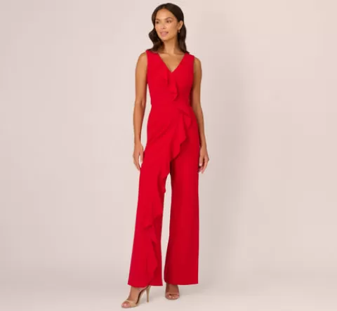 Adrianna Papell Knit Crepe Ruffle Jumpsuit In Super Red SUPERRED Best