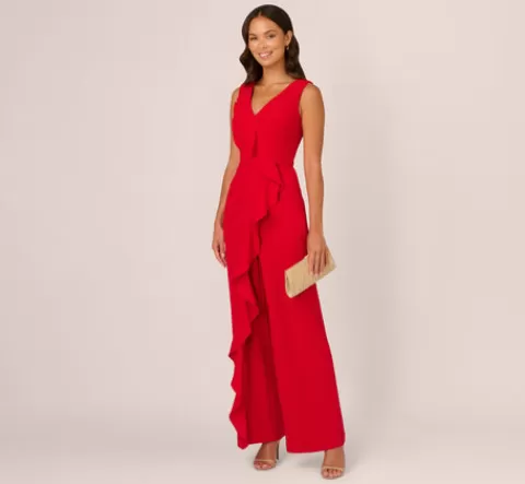 Adrianna Papell Knit Crepe Ruffle Jumpsuit In Super Red SUPERRED Best