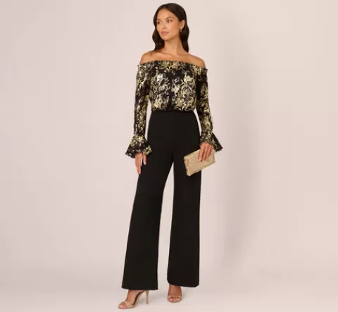 Adrianna Papell Lace And Crepe Jumpsuit In Black Gold BLACK-GOLD Sale