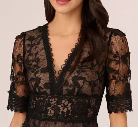 Adrianna Papell Lace Embroidered V Neck Dress With Elbow Sleeves In Black Nude BLACK-NUDE Clearance