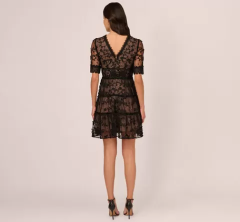 Adrianna Papell Lace Embroidered V Neck Dress With Elbow Sleeves In Black Nude BLACK-NUDE Clearance