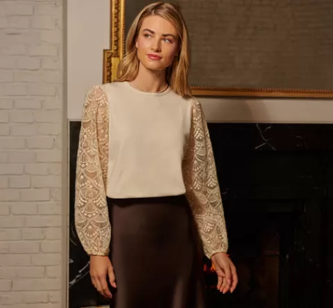 Adrianna Papell Lace Sleeve Crew Neck Sweater In CREAM Cheap