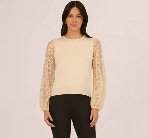 Adrianna Papell Lace Sleeve Crew Neck Sweater In CREAM Cheap