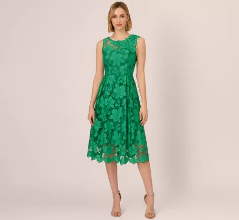 Adrianna Papell Lace Sleeveless Midi Dress With Sheer Neck And Hem In GREEN Store