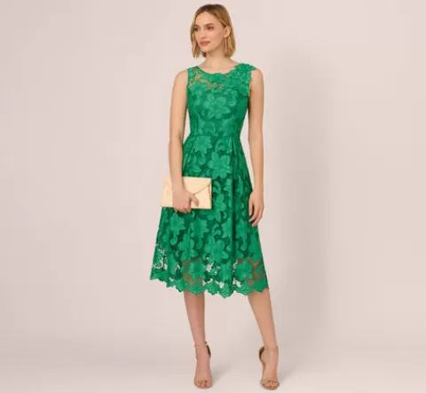 Adrianna Papell Lace Sleeveless Midi Dress With Sheer Neck And Hem In GREEN Store
