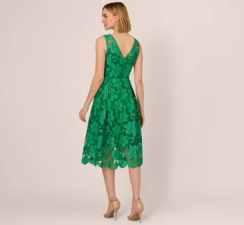 Adrianna Papell Lace Sleeveless Midi Dress With Sheer Neck And Hem In GREEN Store