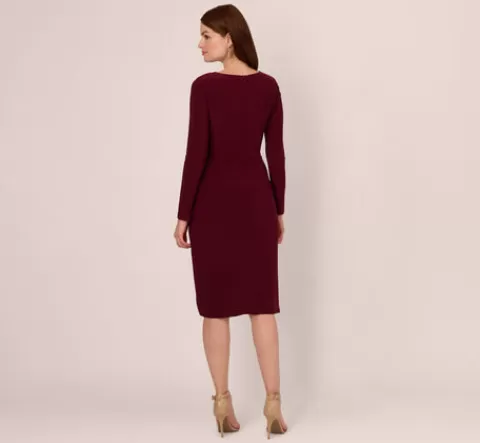Adrianna Papell Long Sleeve Draped Jersey Dress With Chain Trim In Blackened Red BLACKENEDRED Best Sale