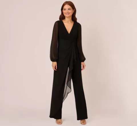 Adrianna Papell Long Sleeve Jersey Jumpsuit With Chiffon Details In BLACK Best Sale