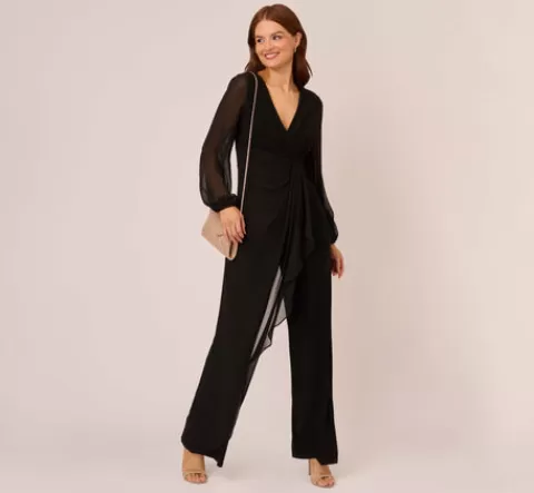 Adrianna Papell Long Sleeve Jersey Jumpsuit With Chiffon Details In BLACK Best Sale