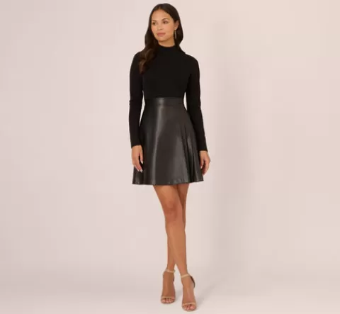 Adrianna Papell Long Sleeve Ponte Knit Dress With Faux Leather Skirt In BLACK Shop