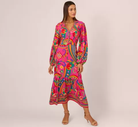 Adrianna Papell Long Sleeve Retro Printed Midi Dress In Pink Multi PINKMULTI Outlet