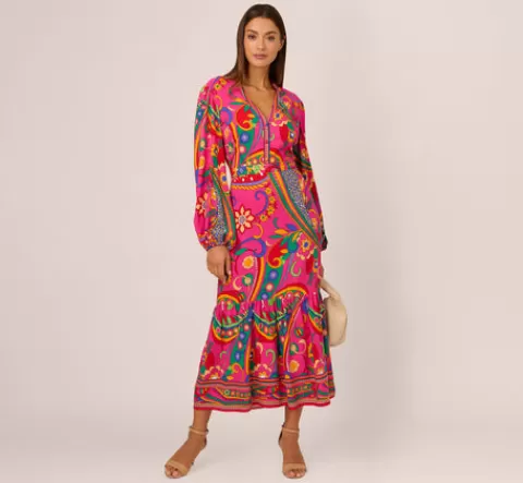 Adrianna Papell Long Sleeve Retro Printed Midi Dress In Pink Multi PINKMULTI Outlet